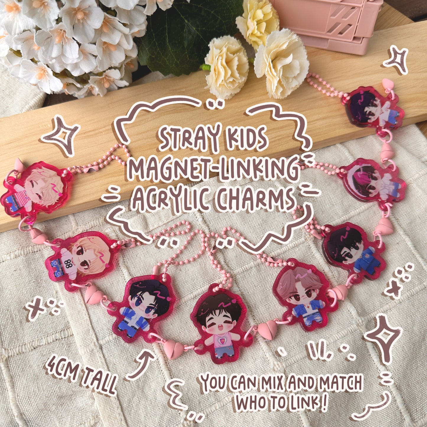 Stray Kids acrylic charms w/ cute magnetic linking hearts